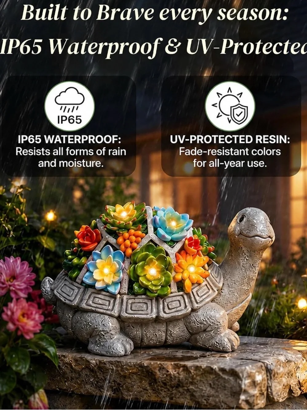 Solar Turtle Planter with Colorful LED Succulents - Garden Accent